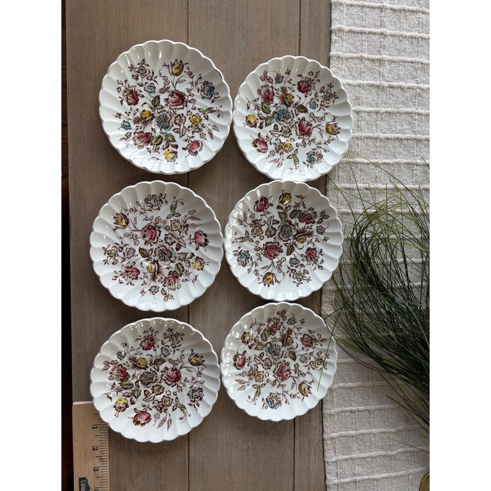 Set of 6 Staffordshire Bouquet ironstone by Johnson Brothers dessert plates